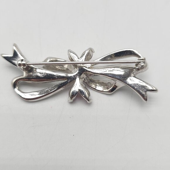 Vintage Silver Rhinestone Bow Brooch Pin With Pink and Clear Crystals - Picture 2 of 4